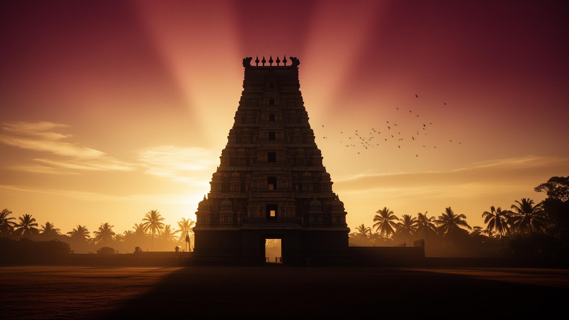 Tamil Nadu temple gopuram silhouette at golden hour