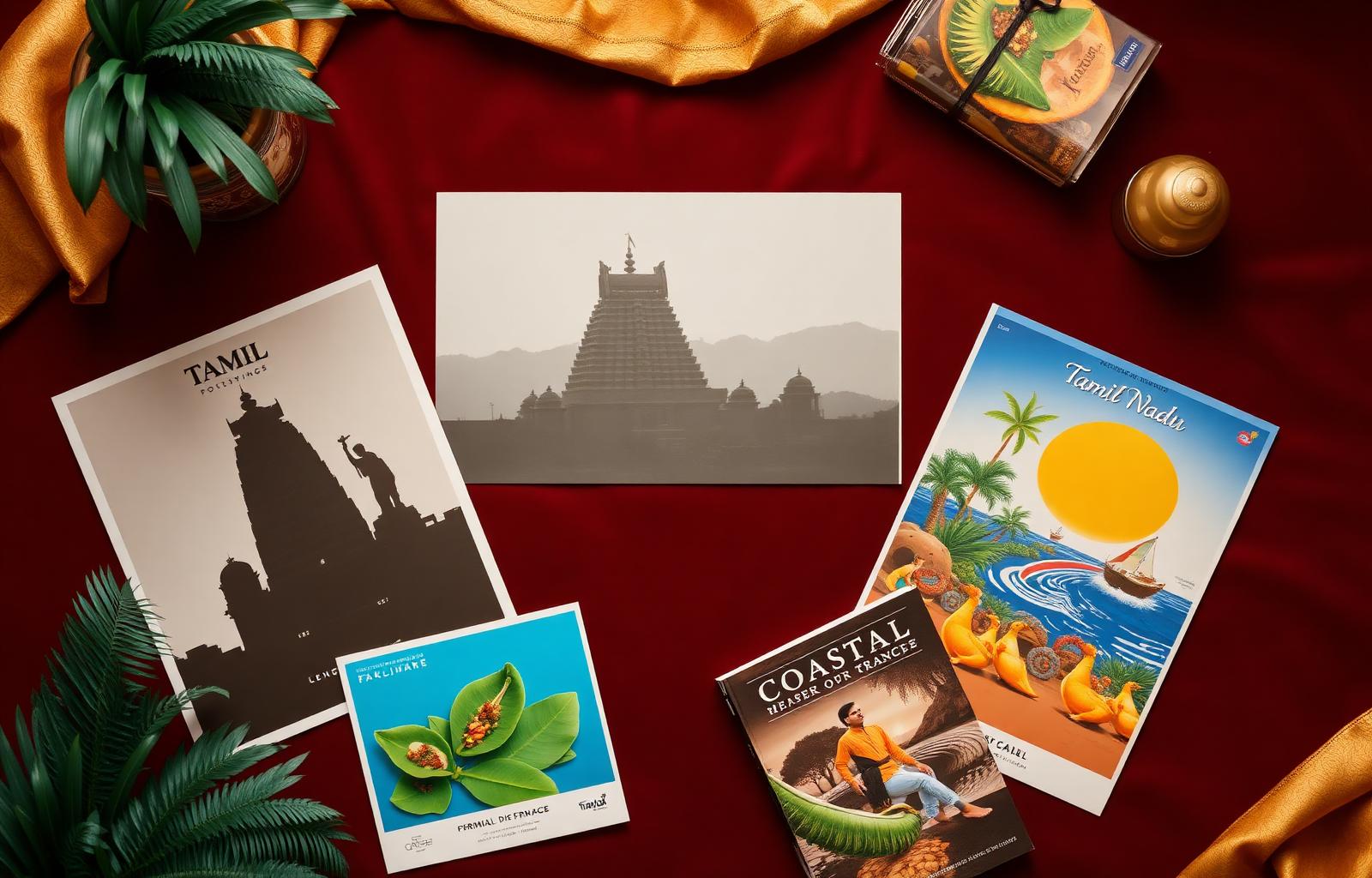 Premium Tamil Nadu travel posters laid out on maroon velvet