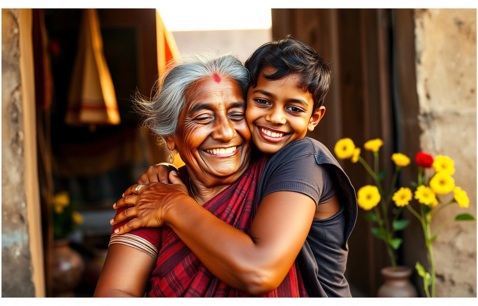 Tamil grandmother embracing her grandchild on returning home