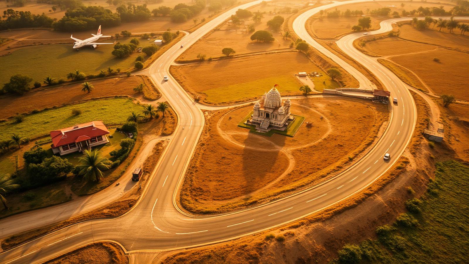 Aerial view of Tamil Nadu road connecting airport, hotel, temple and meal